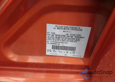 2005 Mazda Mazda6 S Sport z USA, uszkodzony, nr VIN 1YVHP80D455M21966